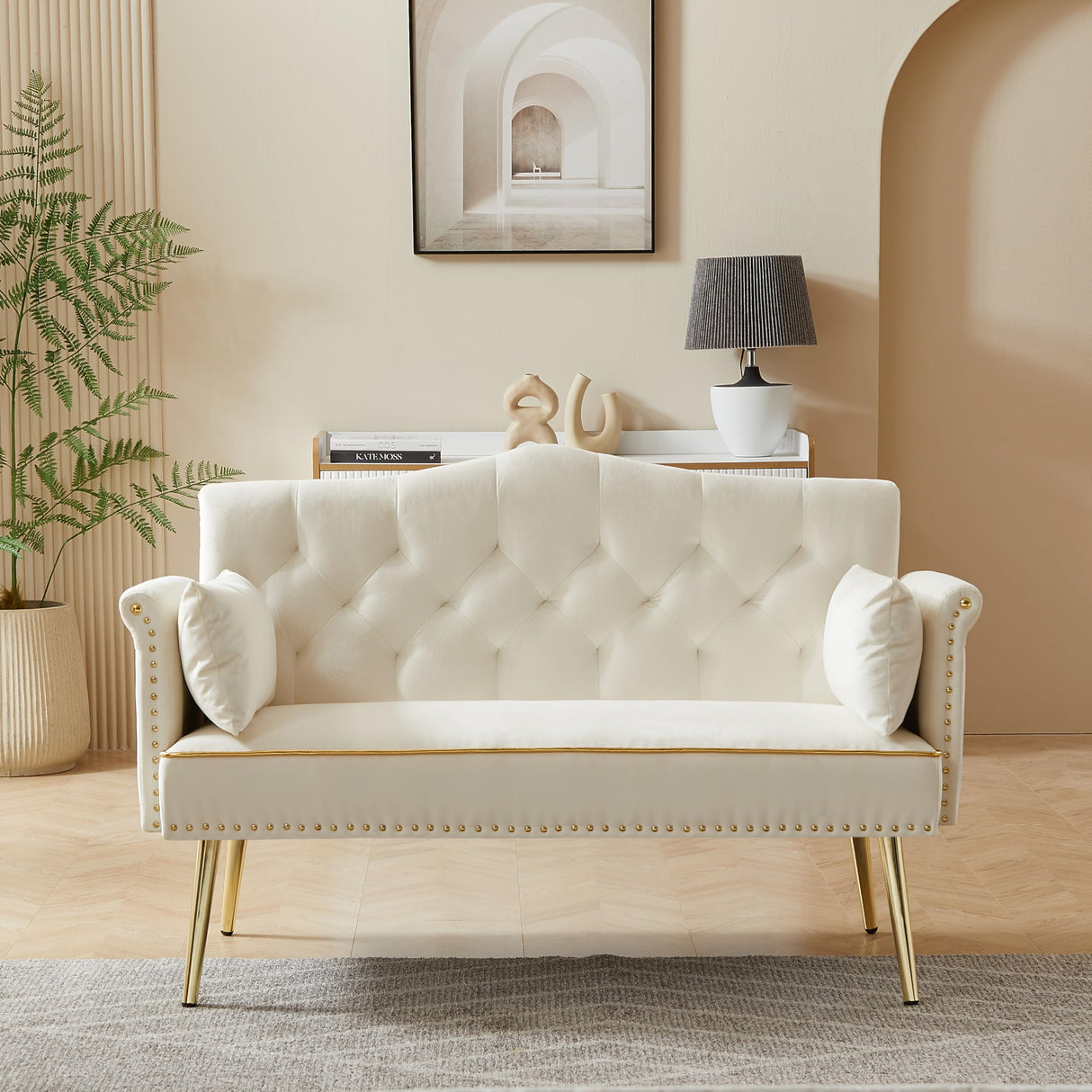 hansones 55-Inch Modern Velvet Loveseat Sofa with Gold Metal Legs & Side Pockets, Tufted Backrest, Perfect for Living Room, Bedroom, or Office (Modern Beige) hansones