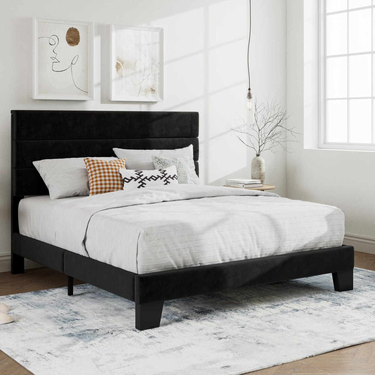 SHA CERLIN Full Platform Bed Frame with Velvet Upholstered Headboard, Mattress Foundation with Strong Wooden Slats Support, No Box Spring Needed, Black SHA CERLIN
