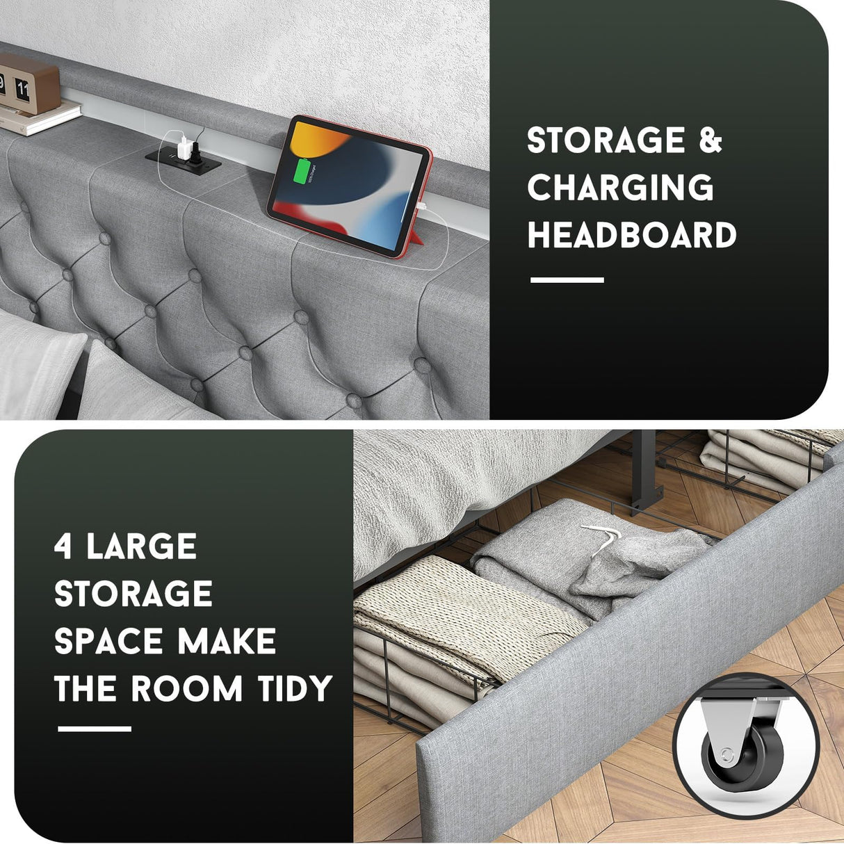 King Size Bed Frame with LED Lights and Charging Station, Upholstered Platform Bed with Storage Headboard and 4 Drawers, Metal Slat Support, Noise-Free, No Box Spring Needed, Easy Assembly, Gray UINTAI