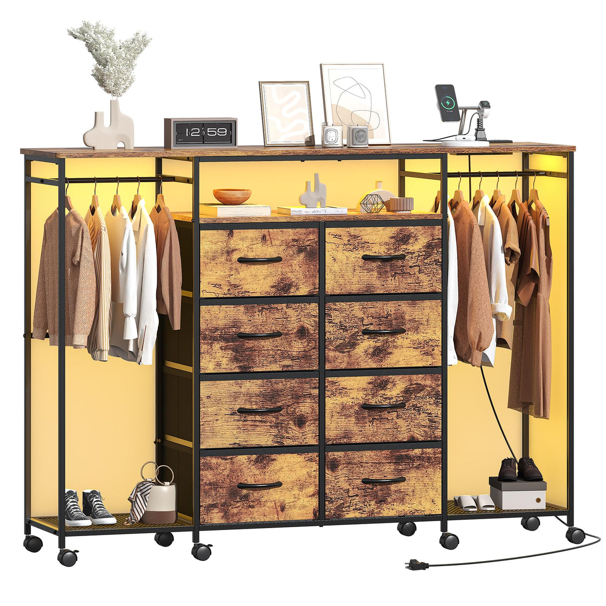 Frmobepts 59.1" W Dresser for Bedroom with Hanging Rack, 8 Drawer Dresser with LED Lights & Charging Station, Fabric Dressers with Portable Wheels,Metal Frame, Wooden Top (Rustic Brown) Frmobepts