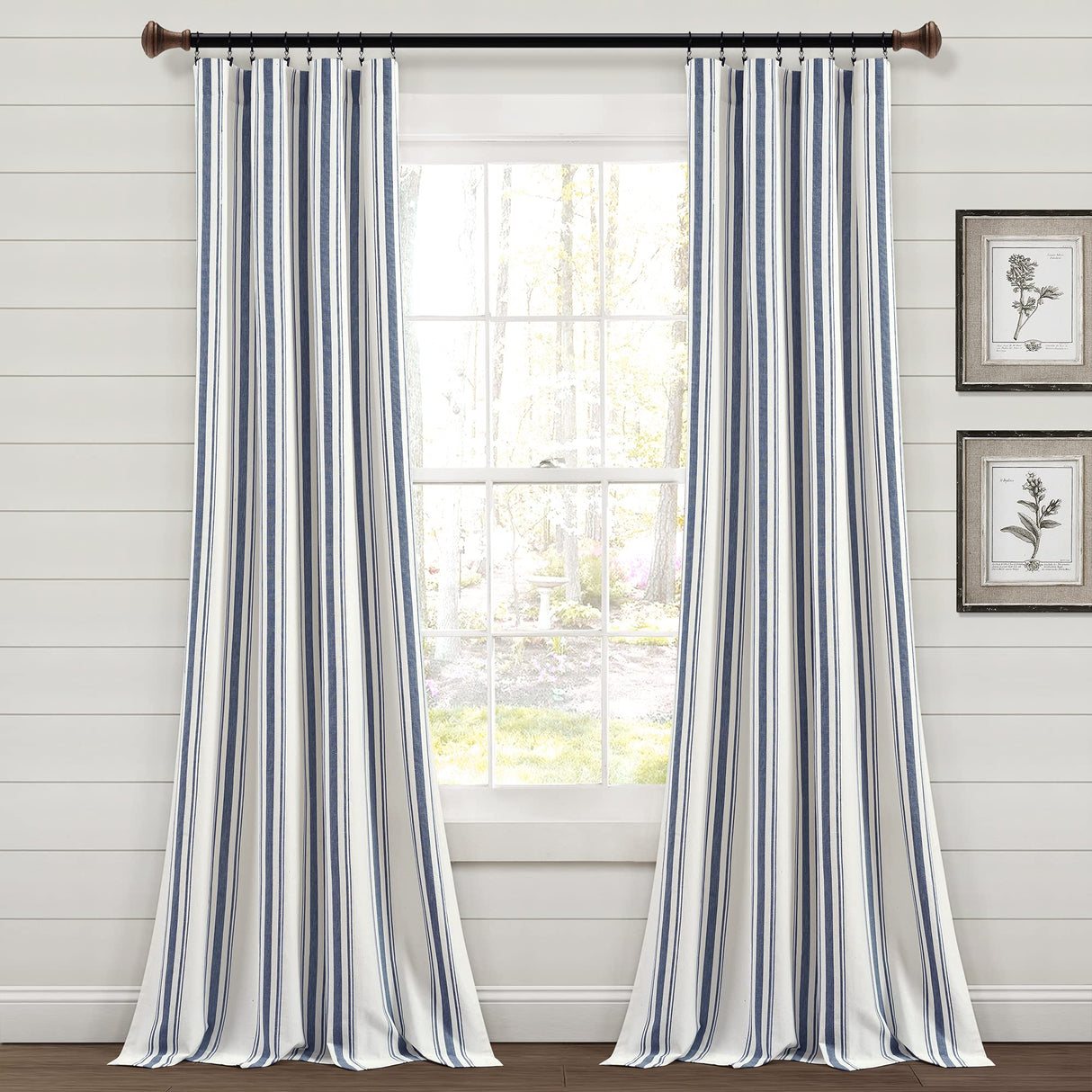 Lush Decor Farmhouse Stripe Yarn Dyed Eco-Friendly Recycled Cotton Window Curtain Panel Pair, 42" W x 95" L, Navy - Classic Modern Rustic Charm - Eco Friendly Cotton Fabric Lush Decor