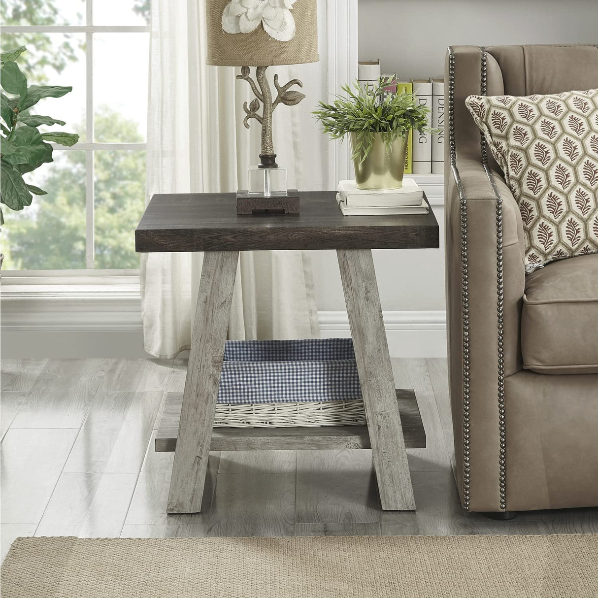 Roundhill Furniture Athens Contemporary Replicated Wood Regular End Table, Weathered Walnut and Gray Roundhill Furniture