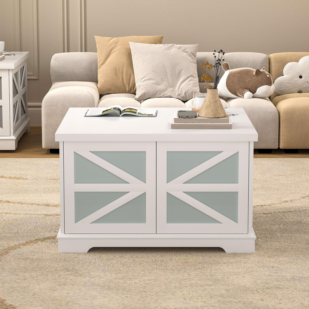 Farmhouse LED Coffee Table for Living Room, Modern Square Coffee Table with Storage, White Coffee Table Decor, Small Wood Coffee Table, Unique Coffee Cabinet for Office, Reception Room yesasin