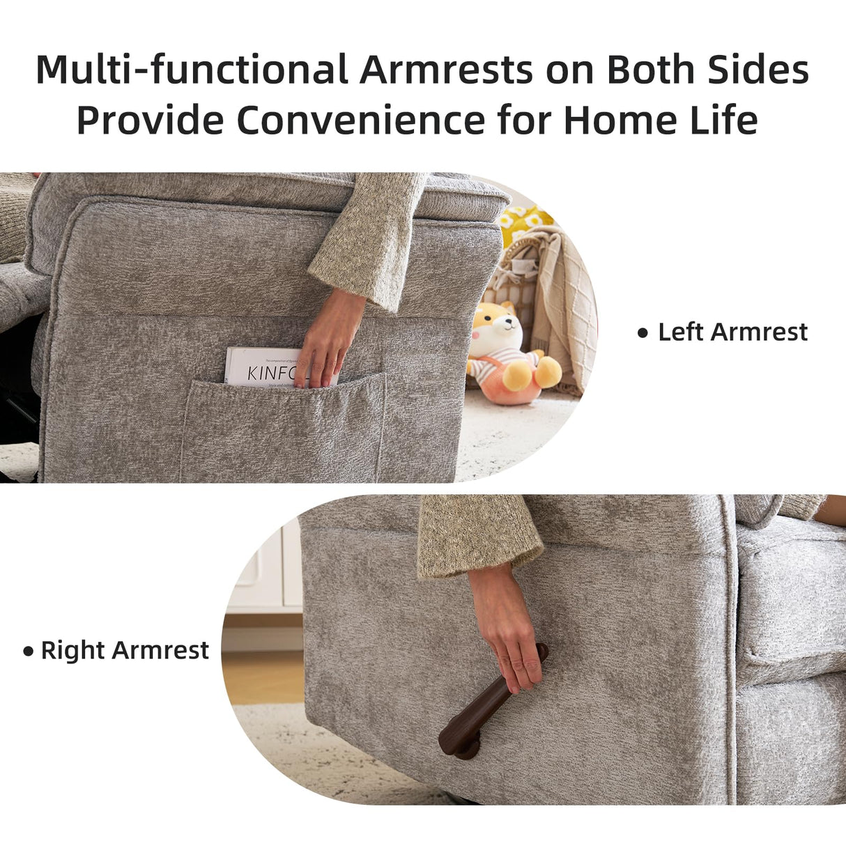 Rhevoy Oversized Glider Rocker Recliner, 26" Extra Wide 360° Swivel Nursery Recliner with Adjustable Headrest, Chenille Rocking Nursery Chair with Overstuffed Armrest, Lumbar Support, Light Grey Rhevoy