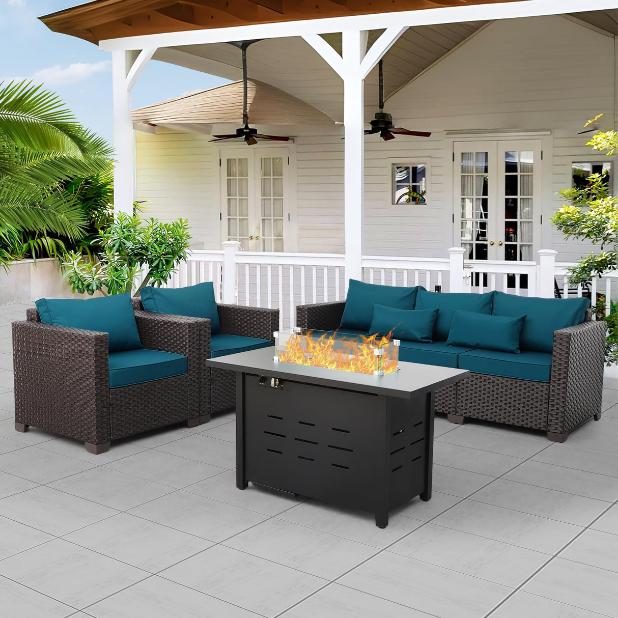 4 Piece Patio Furniture Set 45In Fire Pit Table Outdoor Furniture Sets Patio Couch Outdoor Chairs 50000 BTU Propane Fire Pit with No-Slip Cushions and Waterproof Covers, Peacock Blue Rattan Star