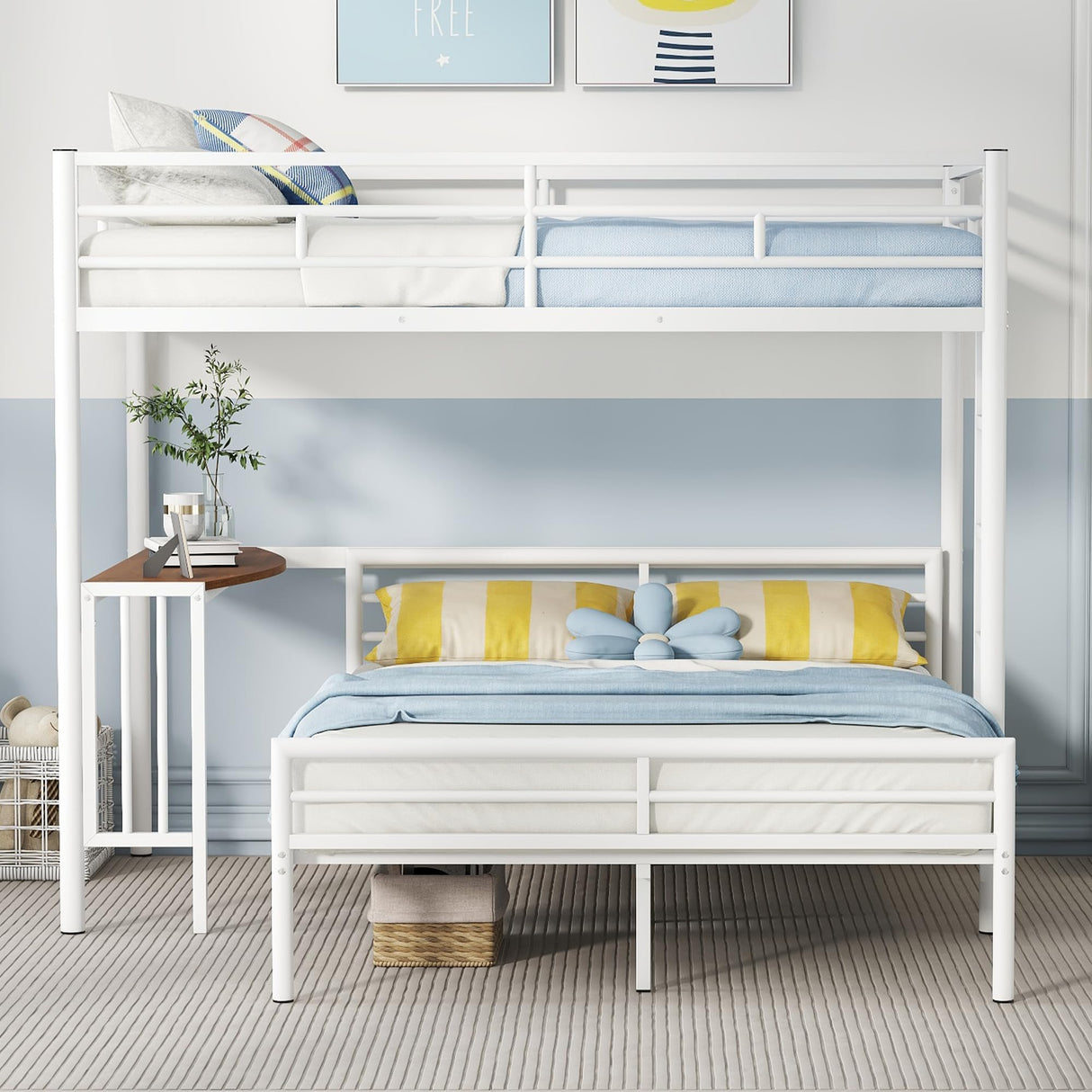 Merax Twin Over Full Metal Bunk Bed Frame, Loft Platform with Desk, Mattress Foundation with Steel Slat for Bedroom, Metallic White Merax