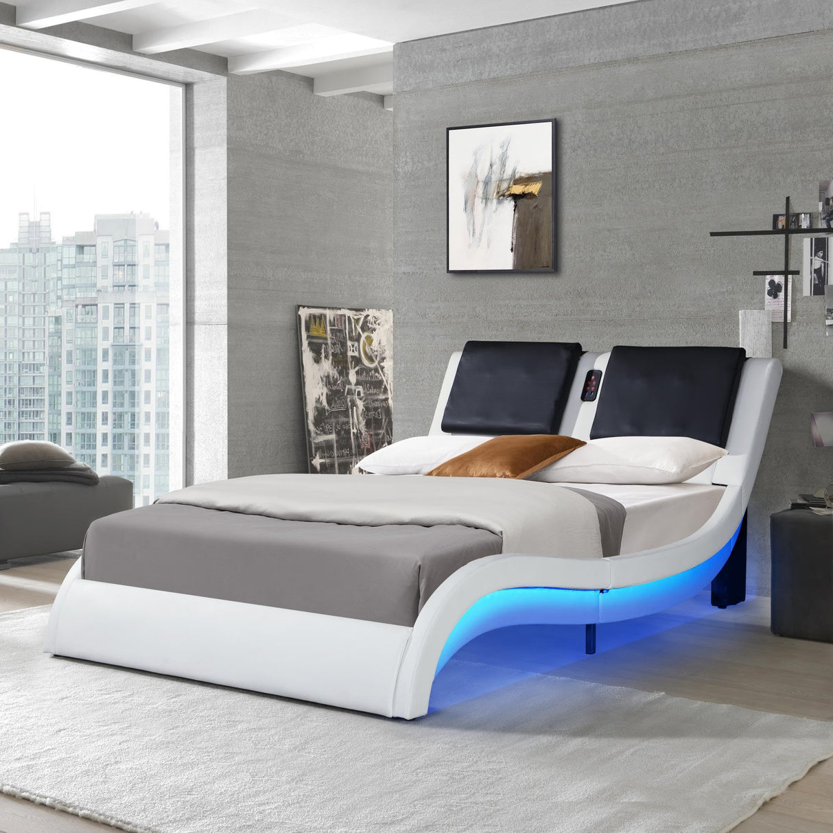 SOFTSEA King Size Upholstered Bed with LED Light and USB Charging Port, Bluetooth Connection, Backrest Vibration Massage, Curve Design, Wood Slat Support, No Box Spring Needed, White SOFTSEA
