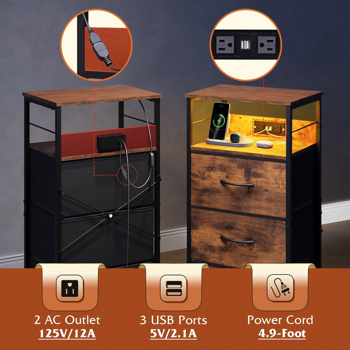 WLIVE Nightstand with Charging Station, LED Night Stand with 3 Fabric Drawers and Storage Shelf, 31.93" H Bedside Table with USB Ports and Outlets for Bedroom, Rustic Brown WLIVE
