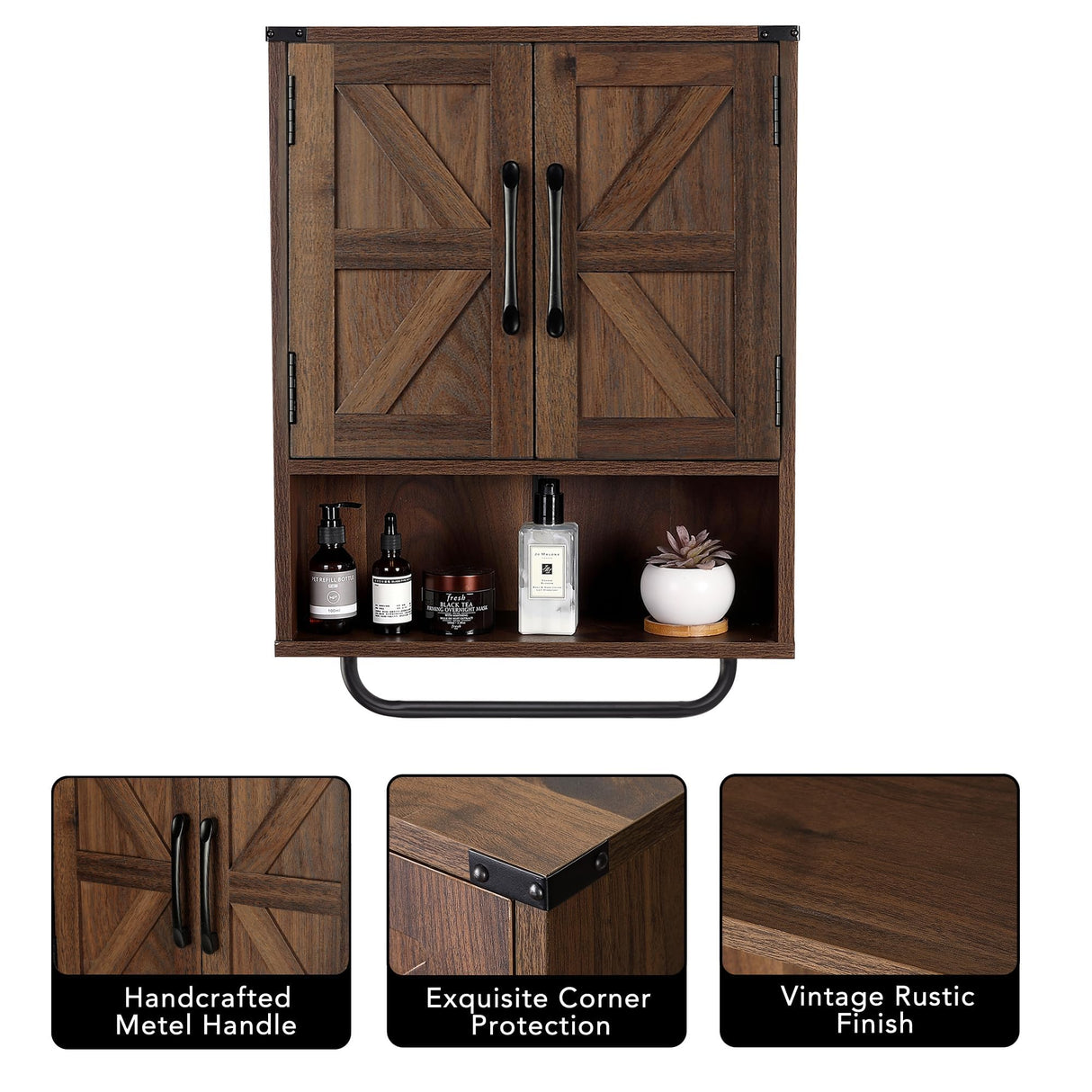 RUSTOWN Farmhouse Wall Storage Cabinet with Two Barn Door, Rustic Mounted Medicine Cabinet with Adjustable Shelf and Towel Bar, 3-Tier Wood Cabinet for Kitchen, Bathroom, Living Room (Dark Walnut) RUSTOWN