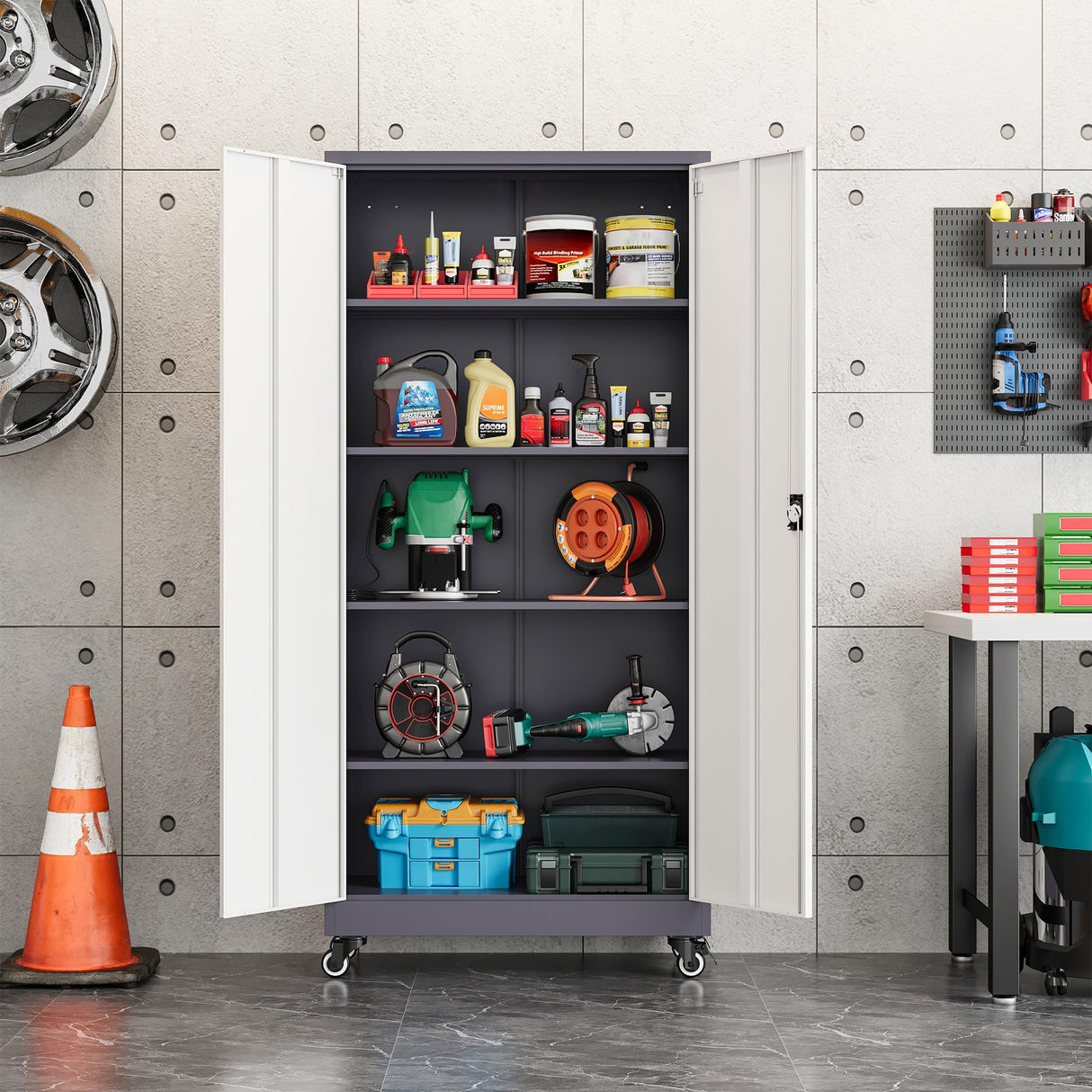 Metal Locking Storage Cabinet with Wheels, 2 Doors and 4 Adjustable Shelves, 73" Tall Rolling Garage Storage Cabinet with Lock for Home Office, Pantry, Tool Organizer (Gray White, 73"H -2 Door) heycode