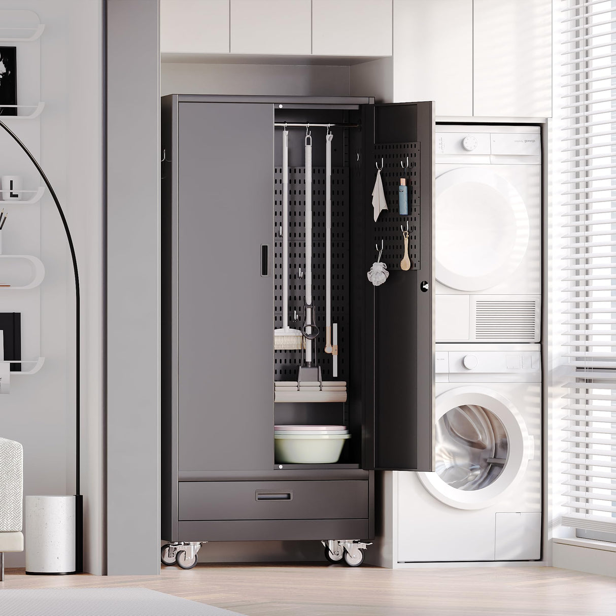 SUXXAN Broom Closet with Wheels 71"x 31.5"x15.75", Metal Cleaning Cabinets with Drawer Hooks and Hanging Rods, Lockable Cabinet with Pegboard, Adjustable Shelf,for Garage, Laundry Room SUXXAN