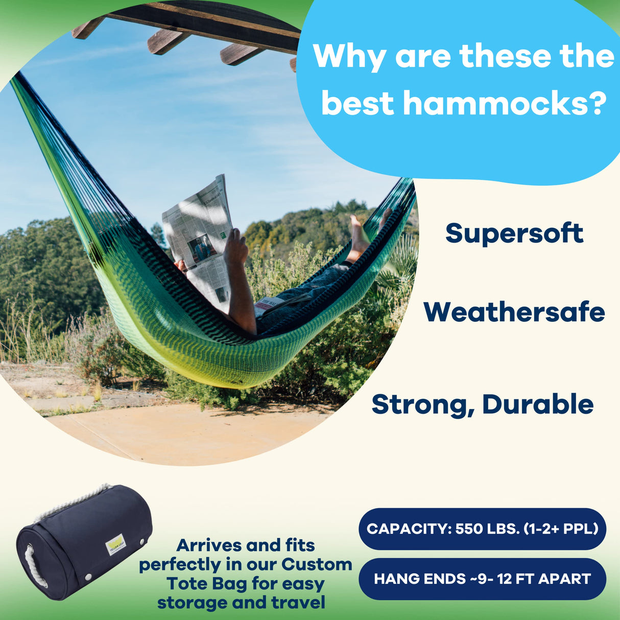Handwoven Hammock by Yellow Leaf Hammocks - Double Size, Fits 1-2 PPL, 400lb max - Weathersafe, Super Strong, Easy to Hang, Ultra Soft, Artisan Made - Color: Neon - Blue - Turquoise Yellow Leaf Hammocks