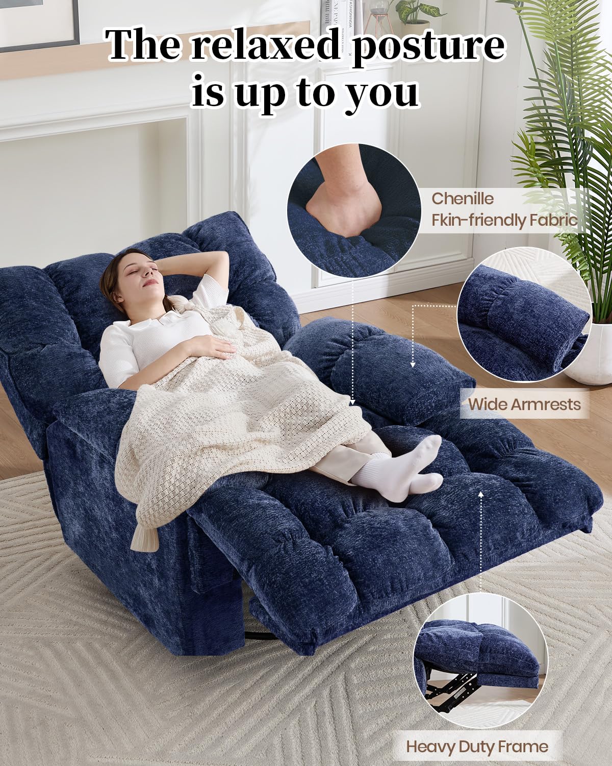 GARTMILAN Oversized Recliner Chair Power Swivel Rocker Recliner for Living Room Chenille Overstuffed Nursery Reclining Sofa Chair Rocking Recliners for Adults 375lbs (Power, Blue) GARTMILAN