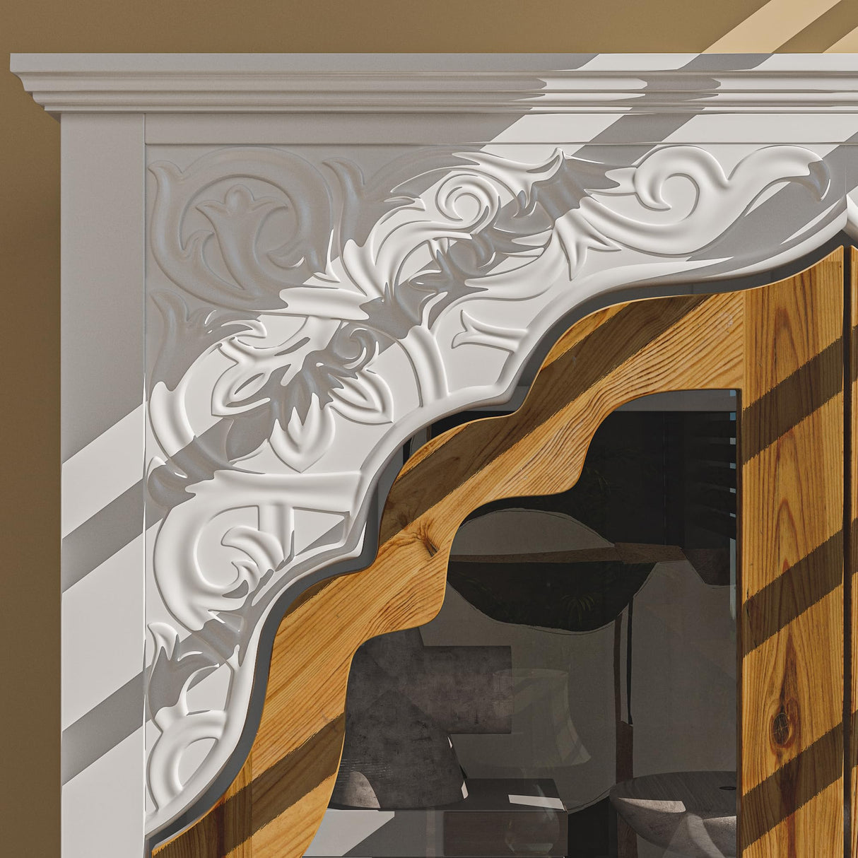 ECACAD Elegant 3-Tier White & Brown Storage Cabinet with Carved Doors and Drawer ECACAD