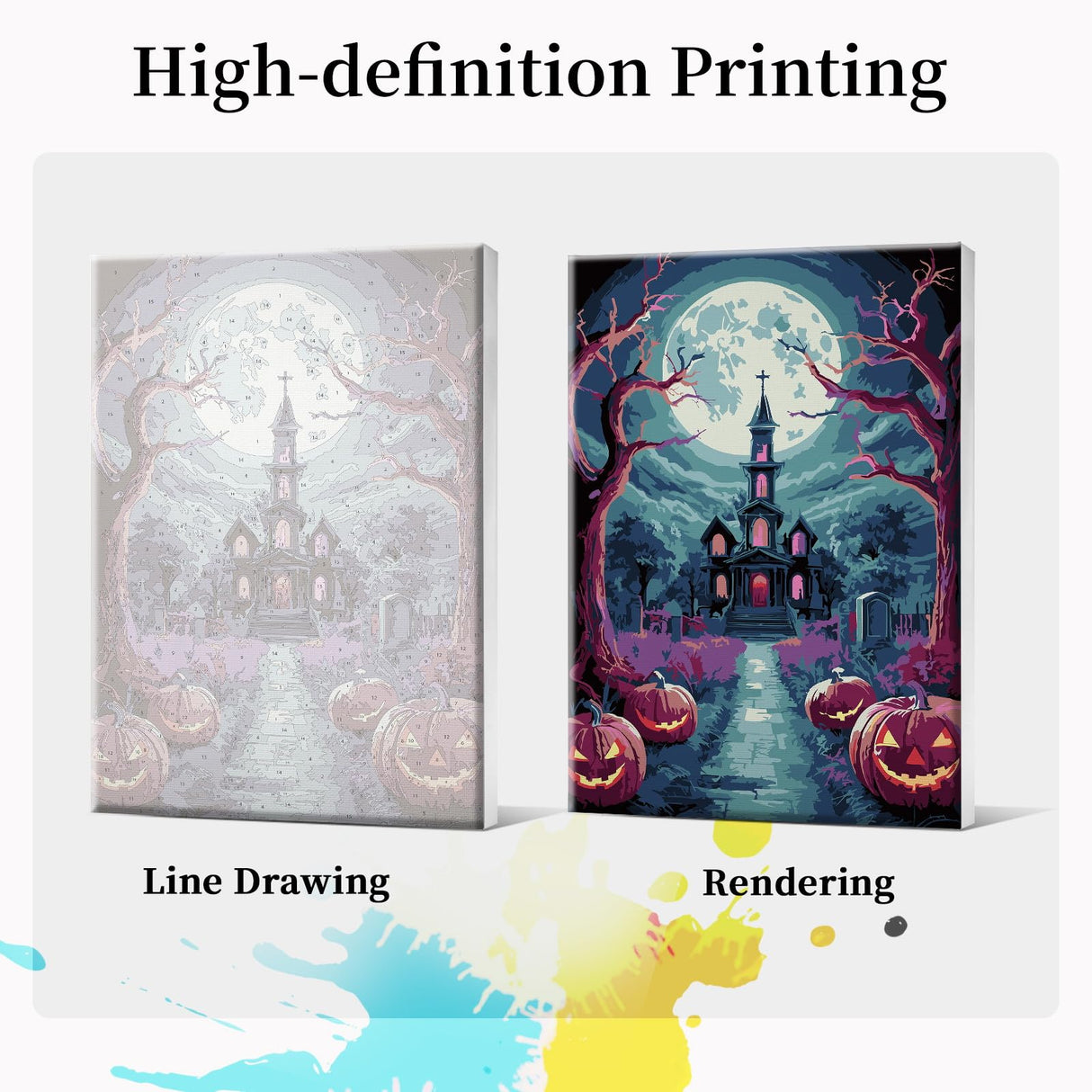 JOOZ Halloween Paint by Numbers Kit for Adults with Frame, Moon Castle Pumpkin Paint by Number with Easel, DIY Halloween Framed Paint by Number Kits for Home Wall Decor 8x12 Inch JOOZ