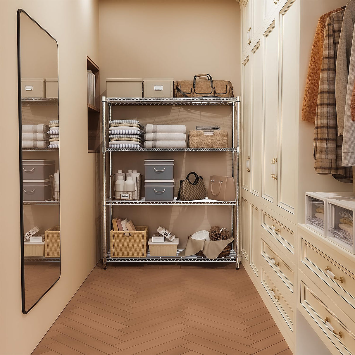 MZG 1400 lbs 4 Tier Storage Rack Metal Wire Shelving Unit, Storage Standing Household Shelf Organizer for Kitchen Pantry Closet Garage Basement Utility Room, Chrome 15.8" D x 45.3" W x 59.4" H M MZG