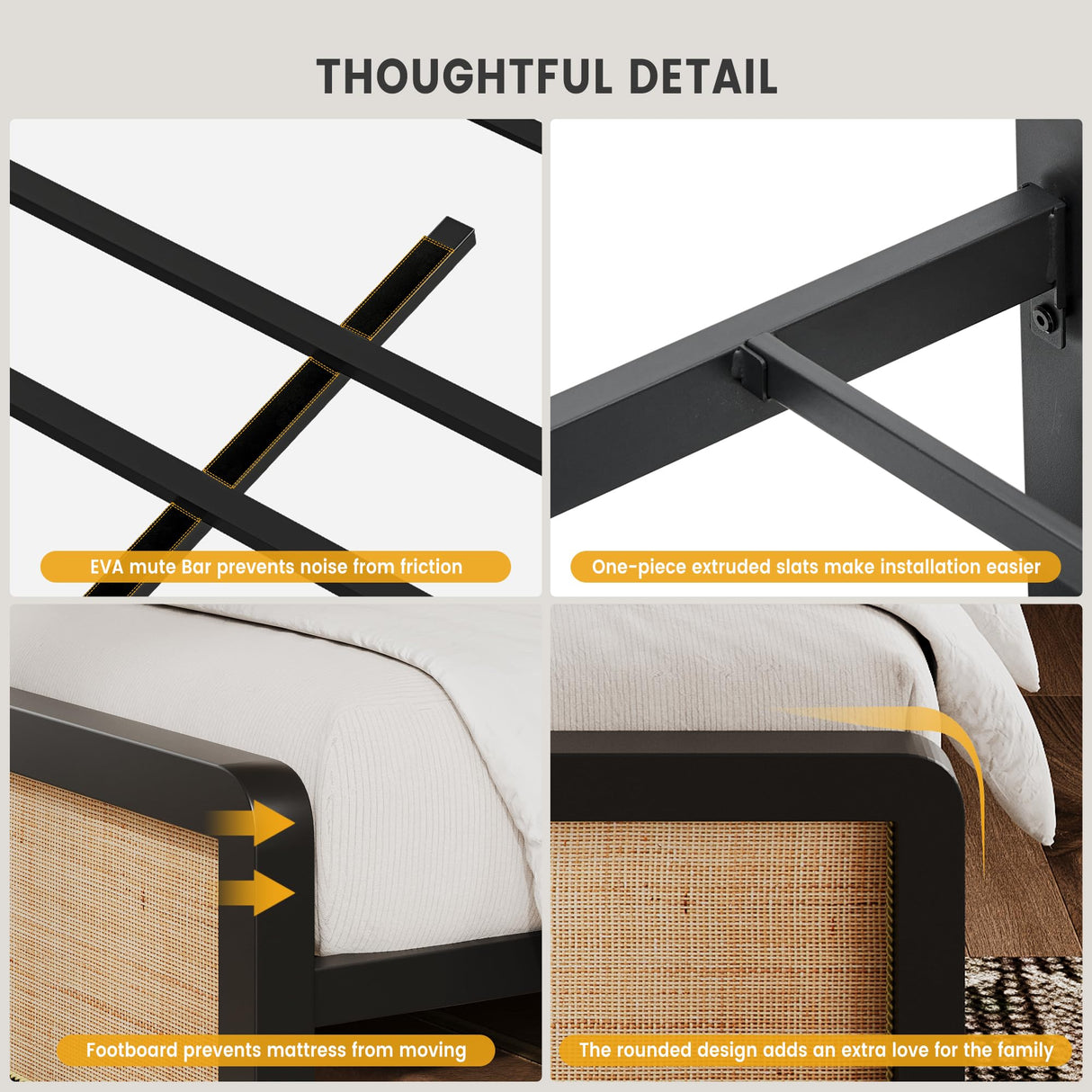 GarveeHome Full Size Platform Bed Frame, Full Bed Frame with Natural Rattan Headboard and Footboard, Metal Frame Bed with Under Bed Storage and Strong Slats Support, No Box Spring Needed GarveeHome