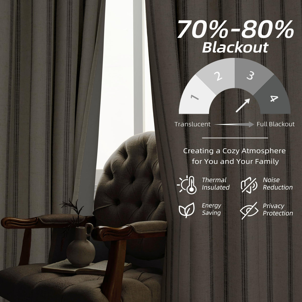 DriftAway Farmhouse Linen Blend Blackout Curtains 84 Inches Long for Bedroom Vertical Striped Printed Linen Curtains Thermal Insulated Lined Treatments for Living Room 2 Panels W52 x L84 Grey DriftAway