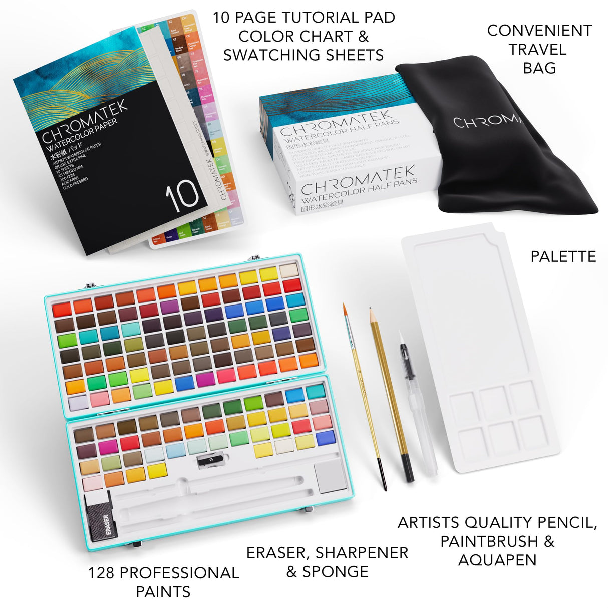 CHROMATEK Watercolor Paint Set, 128 Vivid Colors in Portable Box, With Pad, Brushes and Everything Else you Need to Start Painting, Travel Kit CHROMATEK