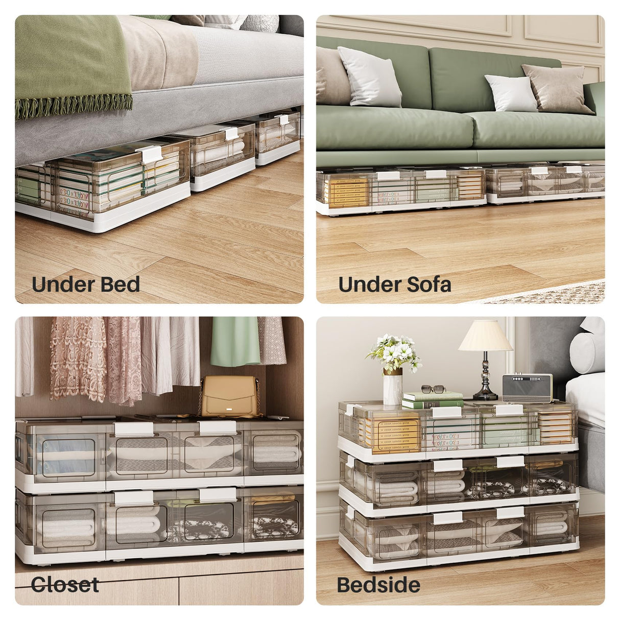 Kitstorack Clear Plastic Under Bed Storage Containers Bins with Lids and 8 Pre-installed Wheels,37.8 Qt, Rolling Foldable Flat Under Bed Organizer Boxes for Clothes Shoes Clothing Bedroom, Large Kitstorack