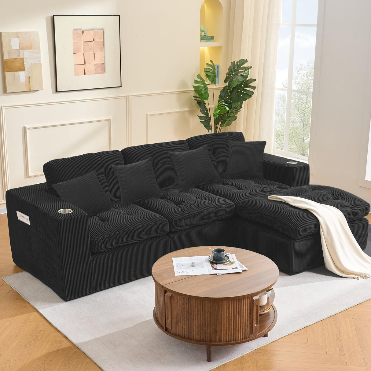 YKVIQBY Modular Cloud 3 Seater Sofa L Shaped Sectional Couch, Comfy Modern Sectional with Cup Holders, Ergonomic Support & Free Combination for Apartment for Living Room Bedroom, Black YKVIQBY