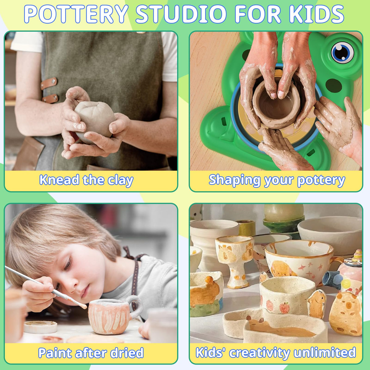 Pottery Wheel for Kids - Complete Pottery Painting Kit Arts and Crafts for Kids Ages 8-12 with 3 Pack Air Dry Clay Art Supplies for Kids Toys Girls Boy Birthday Gift for 6 7 8 9 10 11 12+ Aujazyble