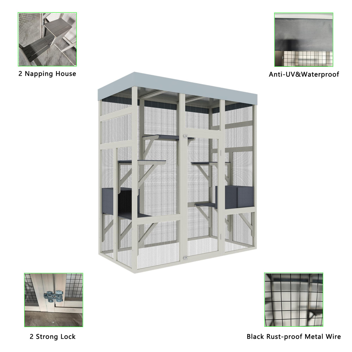 YZU 70.1" Wood Catio Outdoor Cat Enclosure Indoor Cat House with Waterproof Roof Top, 5 Platforms & 2 Resting Box, UV Resistant Gray (62.6 x 32.3 x 70.1 inches) YZU