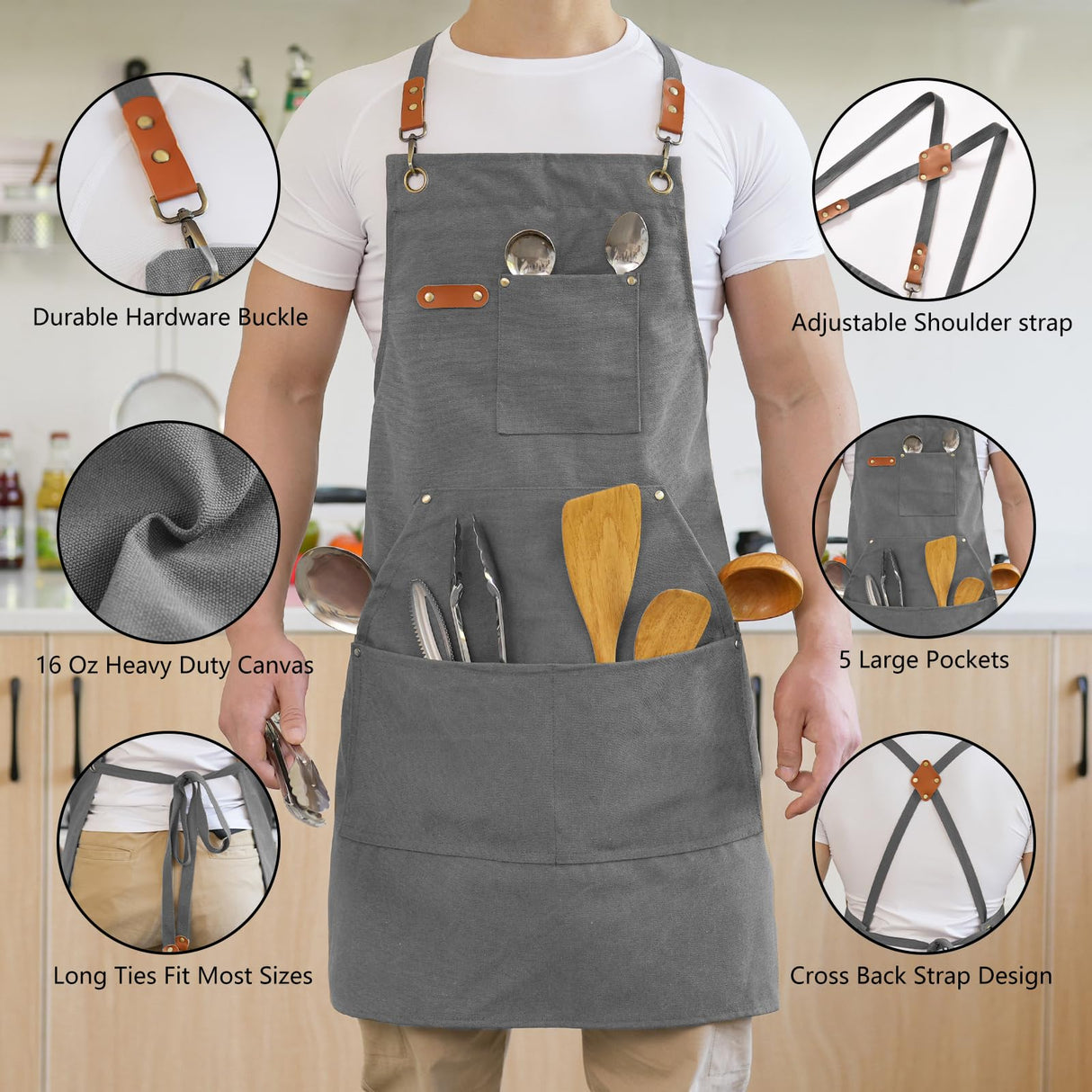 Aoomzoon Canvas Aprons for Men Chef Apron, Work Apron with Large Pockets - Durable 16oz Heavy Duty Cross Back, BBQ, Cooking (Gray, 1 Pack) Aoomzoon