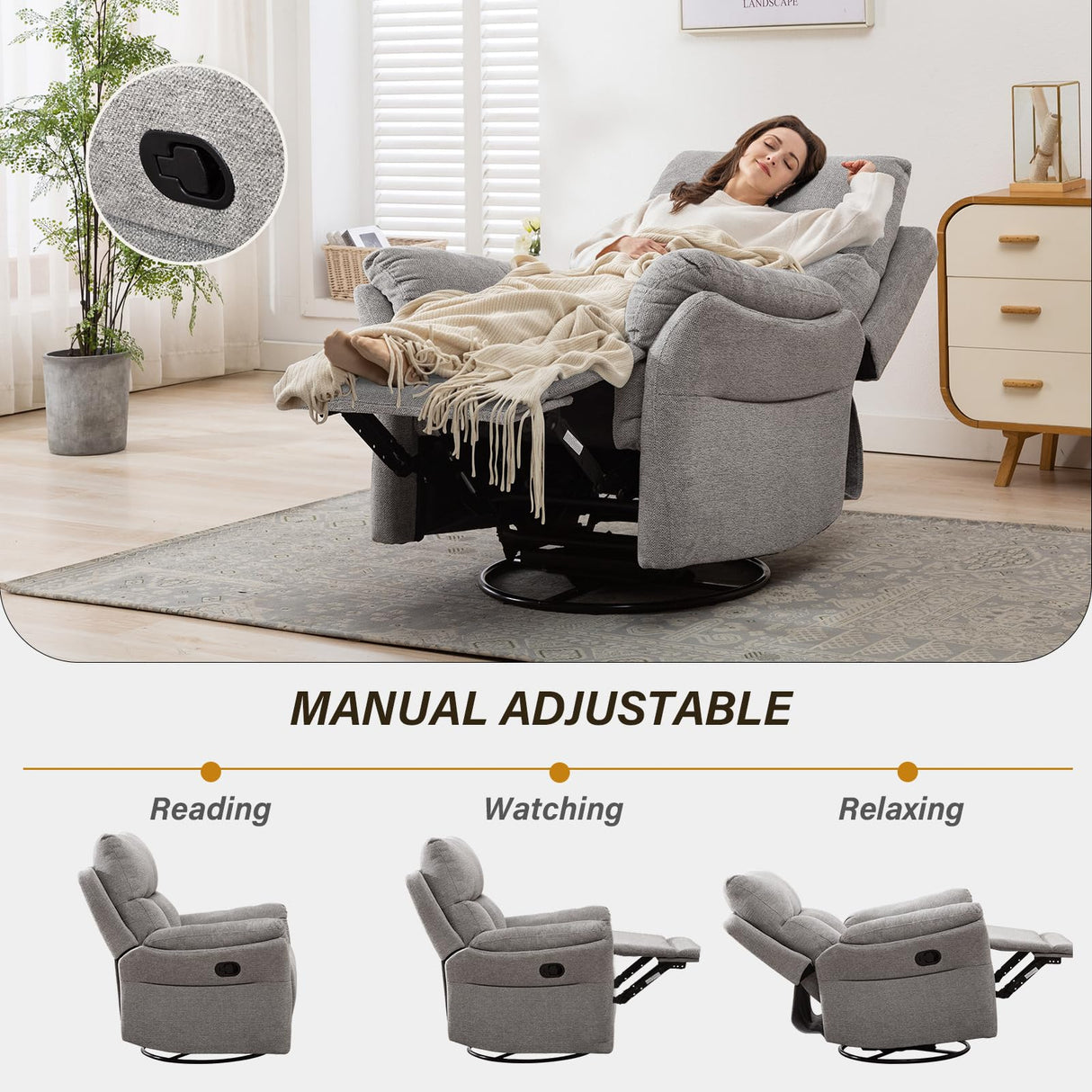 ANJ Swivel Rocker Recliner Nursery Chair, Manual Glider Rocking Recliner Chairs for Adults, Small Recliners for Small Space, 360° Swivel Lazy Boy Recliner Chairs for Living Room, rv, Silver Grey ANJ