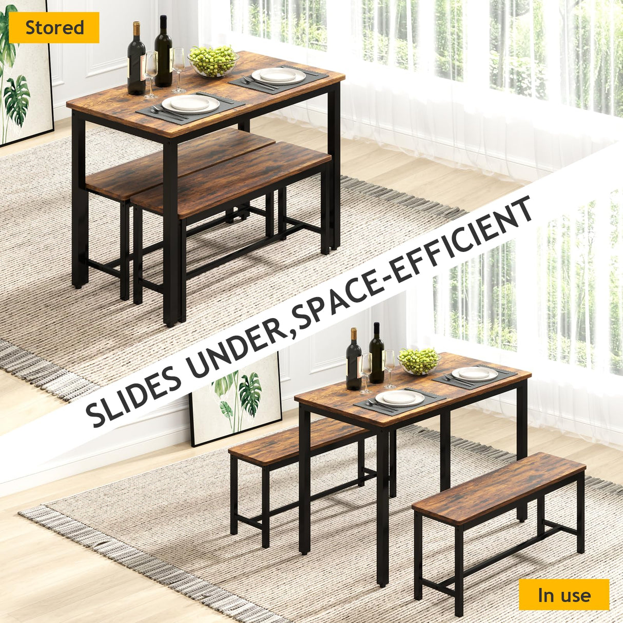 Rovibek 43" Dining Table Set for 4, Modern Space Saving Kitchen Breakfast Table with Benches & Adjustable Feet, Wooden Industrial Style Farmhouse, Brown Rovibek