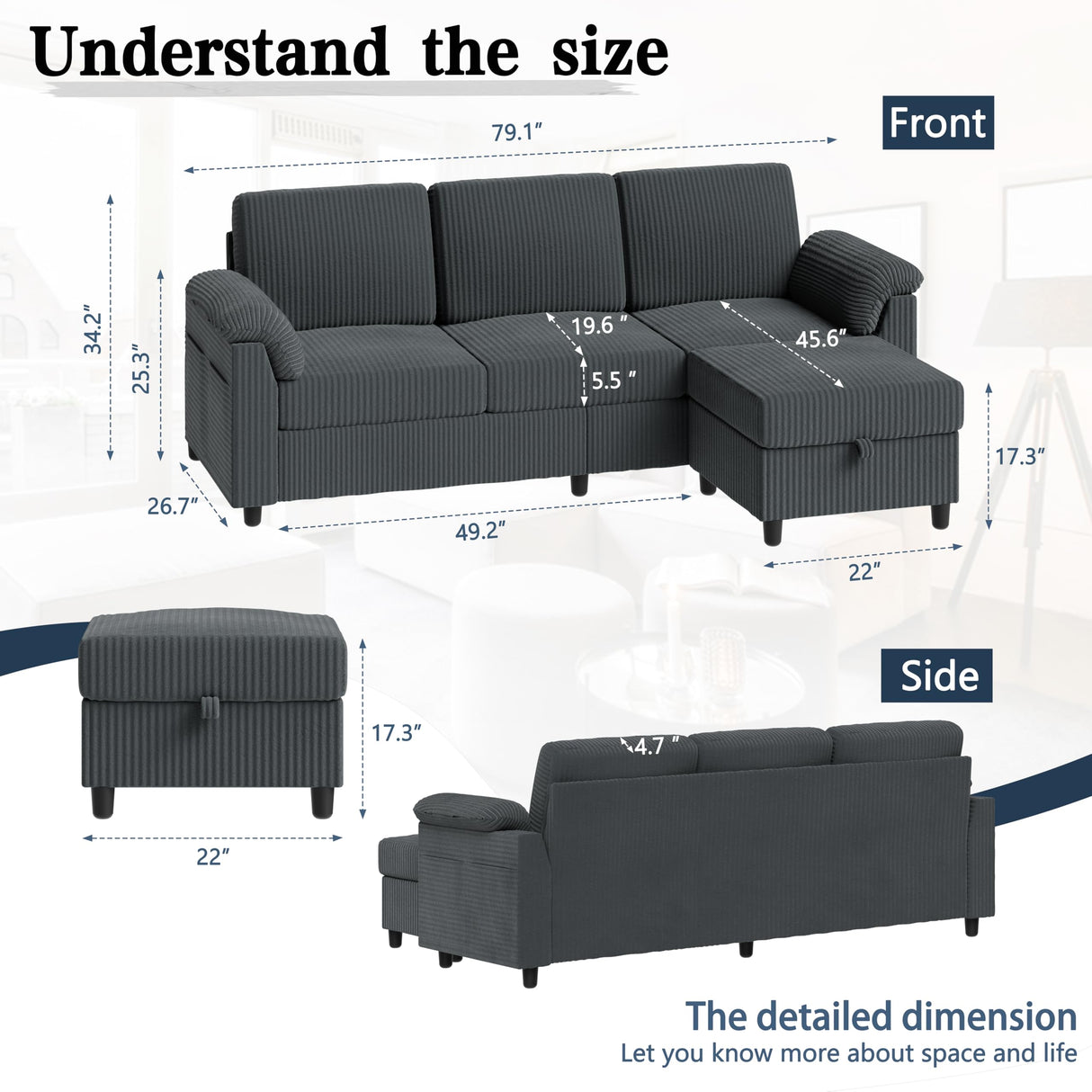 Meilocar Sectional Couches for Living Room, L Shaped Couch with Side Storage Pockage, Comfortable 3 Seat Sofa Couches for Apartment, Grey Meilocar