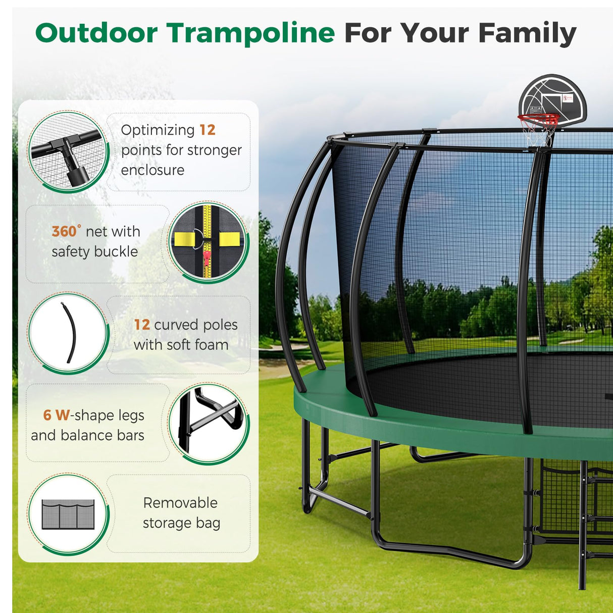 Tatub 16FT Upgrade Trampoline for Kids and Adults, Outdoor Recreational Trampolines with Basketball Hoop & Enclosure Net, Curved Poles & Storage Bag, Pumpkin Trampoline Capacity for 6-8, Green Tatub