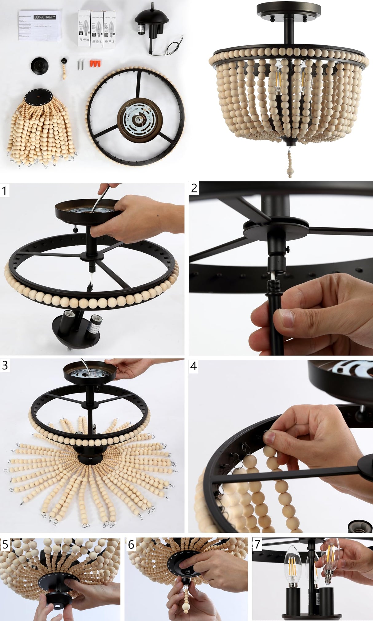 JONATHAN Y JYL9020C Allie 14" 3-Light Bohemian Farmhouse Wood Bead/Iron LED Semi Flush Mount Transitional Rustic Kitchen Hallway Bathroom Bedroom Entryway Foyer, Antique Gold/Light Taupe JONATHAN Y