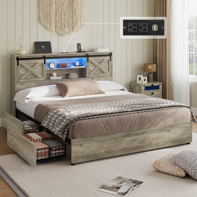 Hasuit Farmhouse Bed Frame King Size with 4 Storage Drawers, Wooden Platform King Beds with Charging Station and LED Lights, Rustic Bed with Storage Headboard and Sliding Barn Door