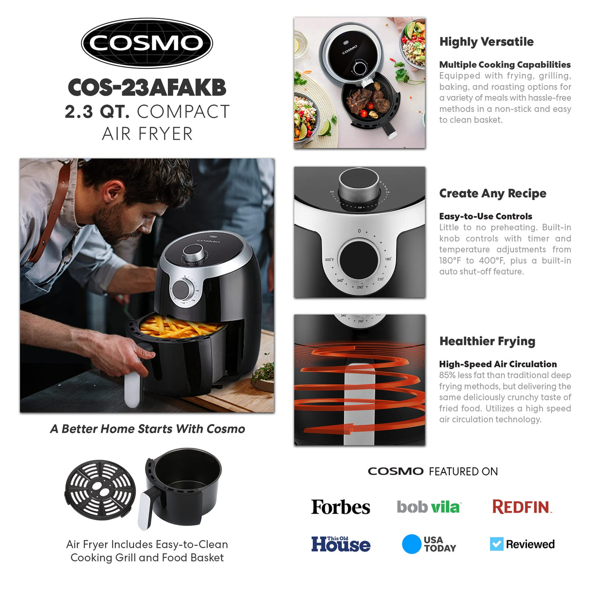 COSMO COS-23AFAKB 2.3 Quart Electric Small Air Fryer with Temperature Control, Timer, Auto Shut-Off, Non-Stick Frying Tray, 1000W Compact Mini Air Fryer (2.3 Quarts, Stainless Steel/Black) COSMO