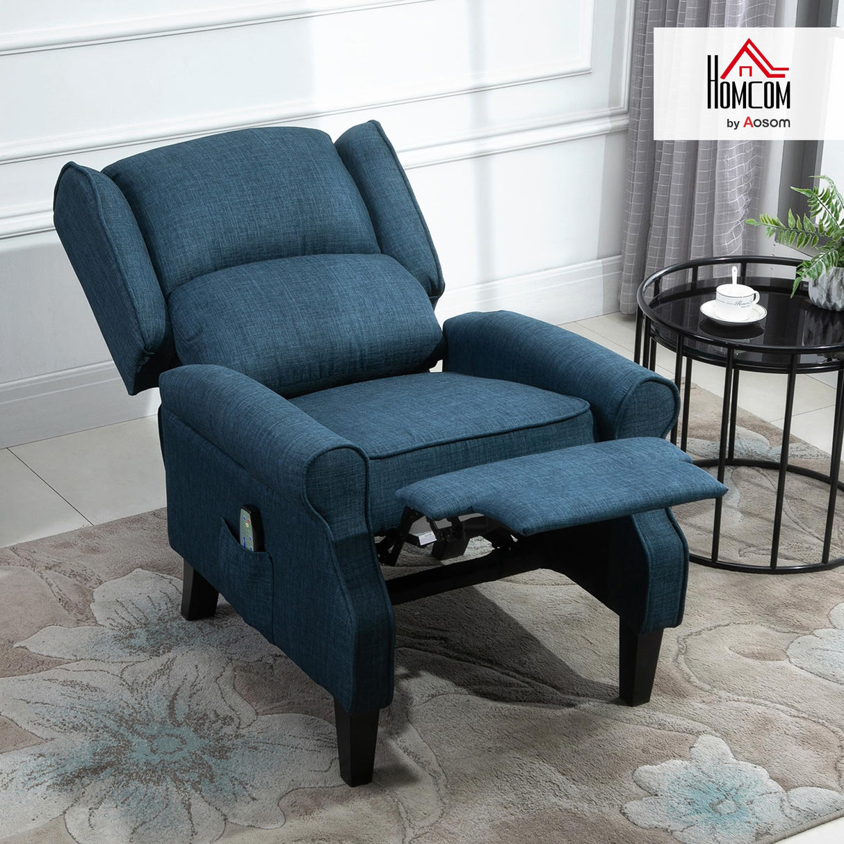 HOMCOM Vibration Massage Recliner Chair for Living Room with Heat, Wingback Single Sofa, Modern Linen Fabric Push Back Reclining Chair with Footrest, Side Pocket, Beige, Blue HOMCOM