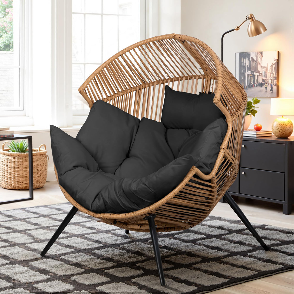Vongrasig Wicker Egg Chair PE Rattan Chair with Cushion, Oversized Patio Lounge Chair for Outdoor, Indoor, Balcony, Backyard, Garden, Living Room, Black Vongrasig