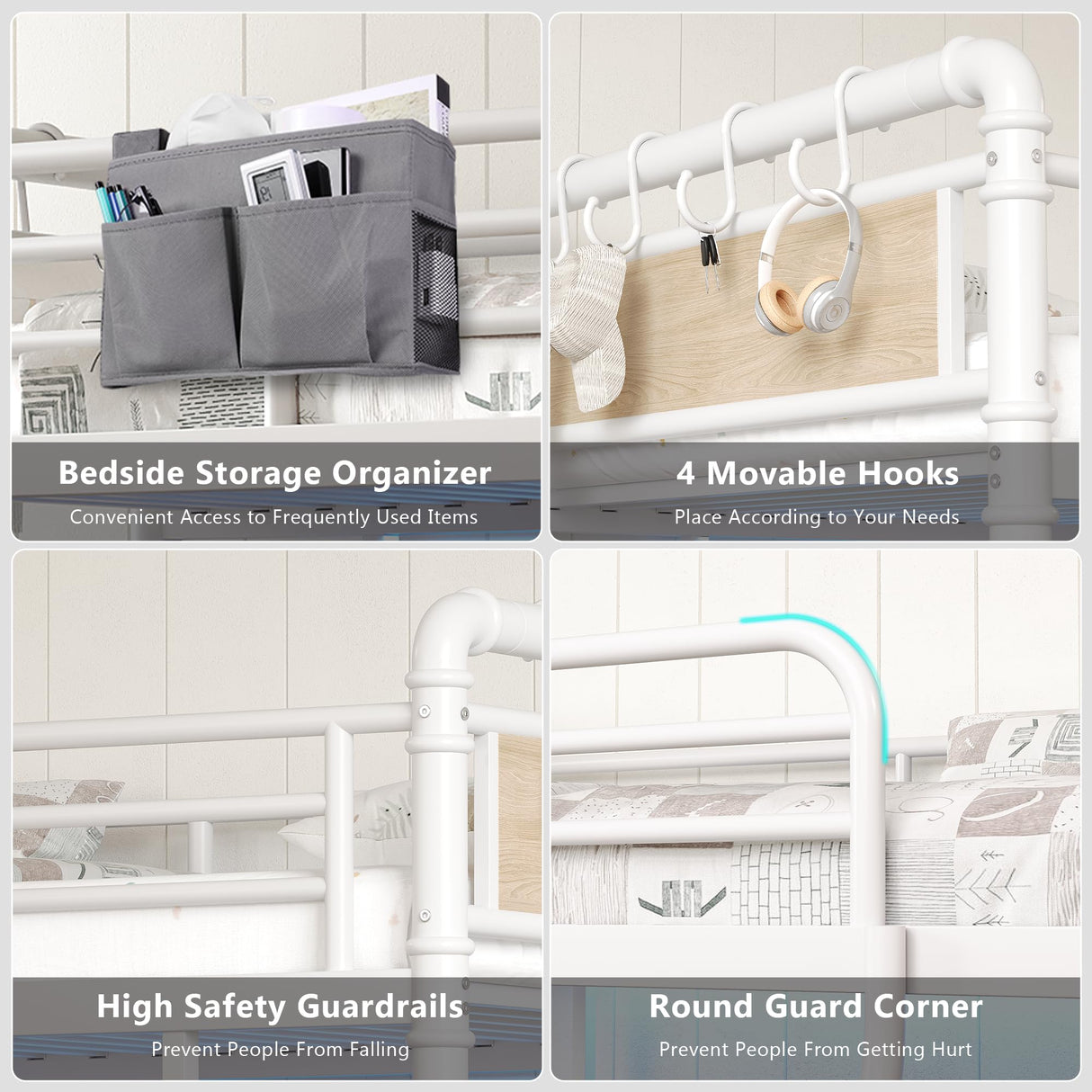 Jocoevol Twin Size Heavy Duty Metal Loft Bed with L-Shaped Desk, LED Lights,Charging Station, Industrial Loft Bed Frame with 3 Storage Shelves and 3 Fabric Drawers, Safety Guard & Ladder (White) Jocoevol