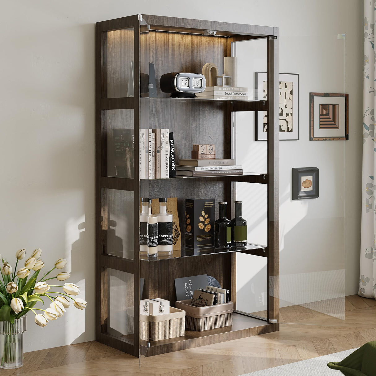 FUNISIR Display Cabinet with 2 Doors, 4-Tier Curio Cabinet for Collectibles with 3 Color LED Light & Glass Shelves, 63" Glass Display Case for Living Room, Home Office, Walnut FUNISIR