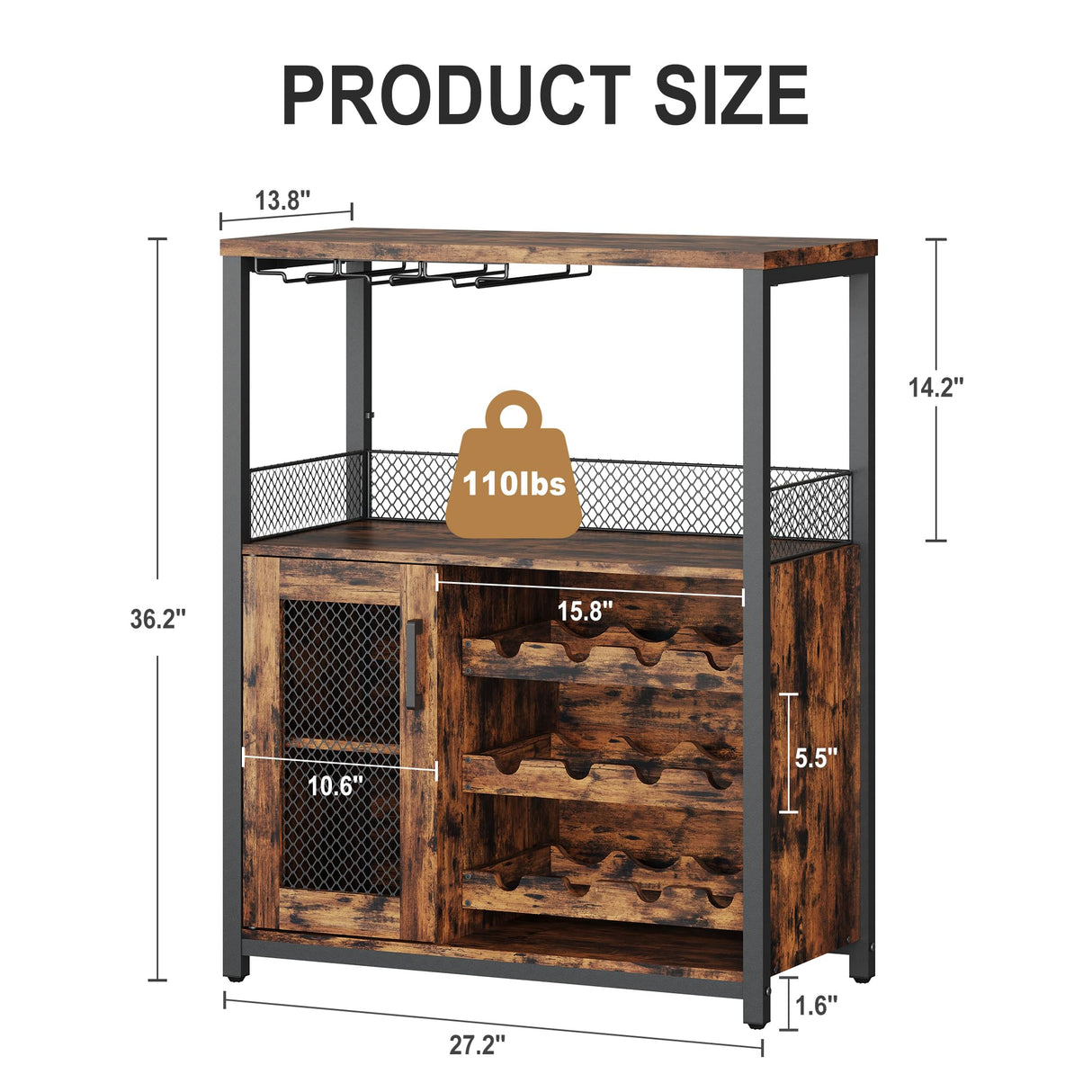 GarveeHome 3-Tier Wine Bar Cabinet with LED Lights, Detachable Wine Rack and Storage Space, Buffet Cabinet with Glass Holder and Mesh Door, for Kitchen, Living Room and Bar, Rustic Brown GarveeHome