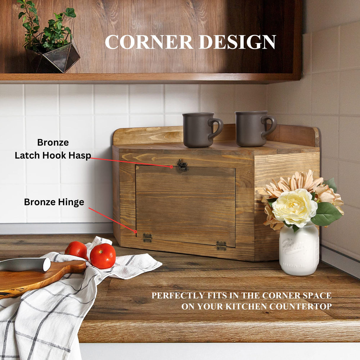 Besuerte Corner Bread Box, Farmhouse Bread Box For Kitchen Countertop, Vintage Bread Box, Bread Organizer Containers Storage Keeper Includes 2x16oz Mason Jars with Flowers (Large,Nut Bown) Besuerte