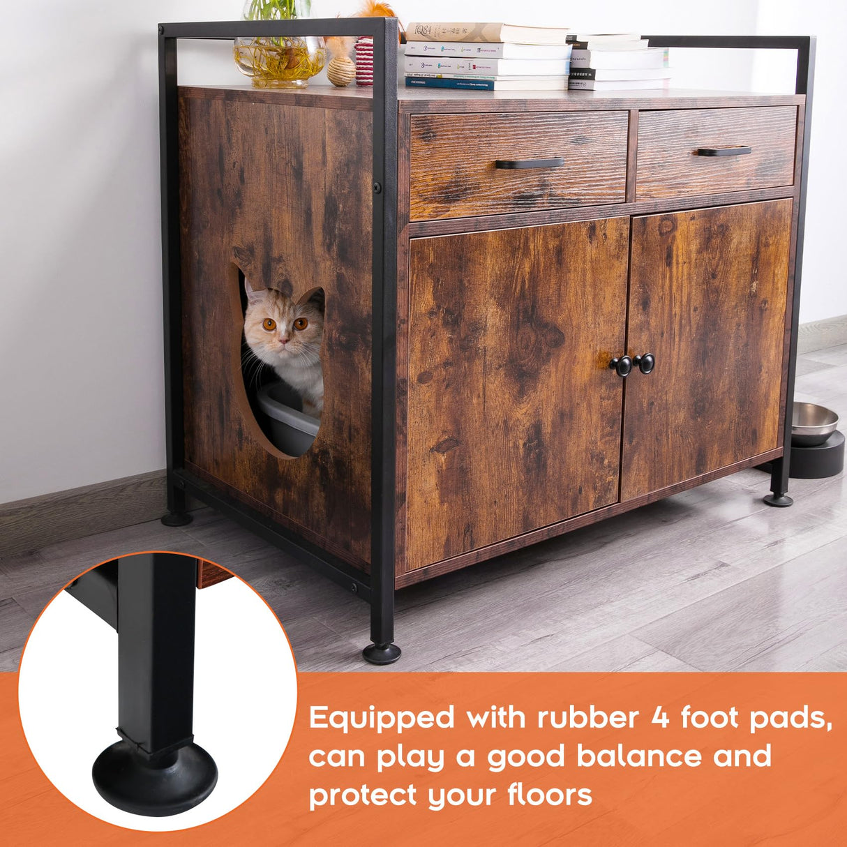 TC-HOMENY Cat Litter Box Enclosure Cabinet Storage Wooden Hidden Cat Washroom Furniture with 2 Doors, Drawers TC-HOMENY
