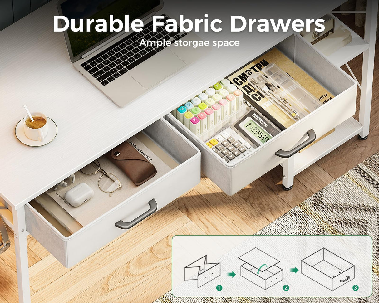 Coleshome Laptop Desk, 40 Inch Small Desk with Drawers & Power Outlet for Bedroom, Computer Desk Home Office Desk with Storage Shelves, Reversible Study Table Vanity Desk for Small Spaces, White Coleshome