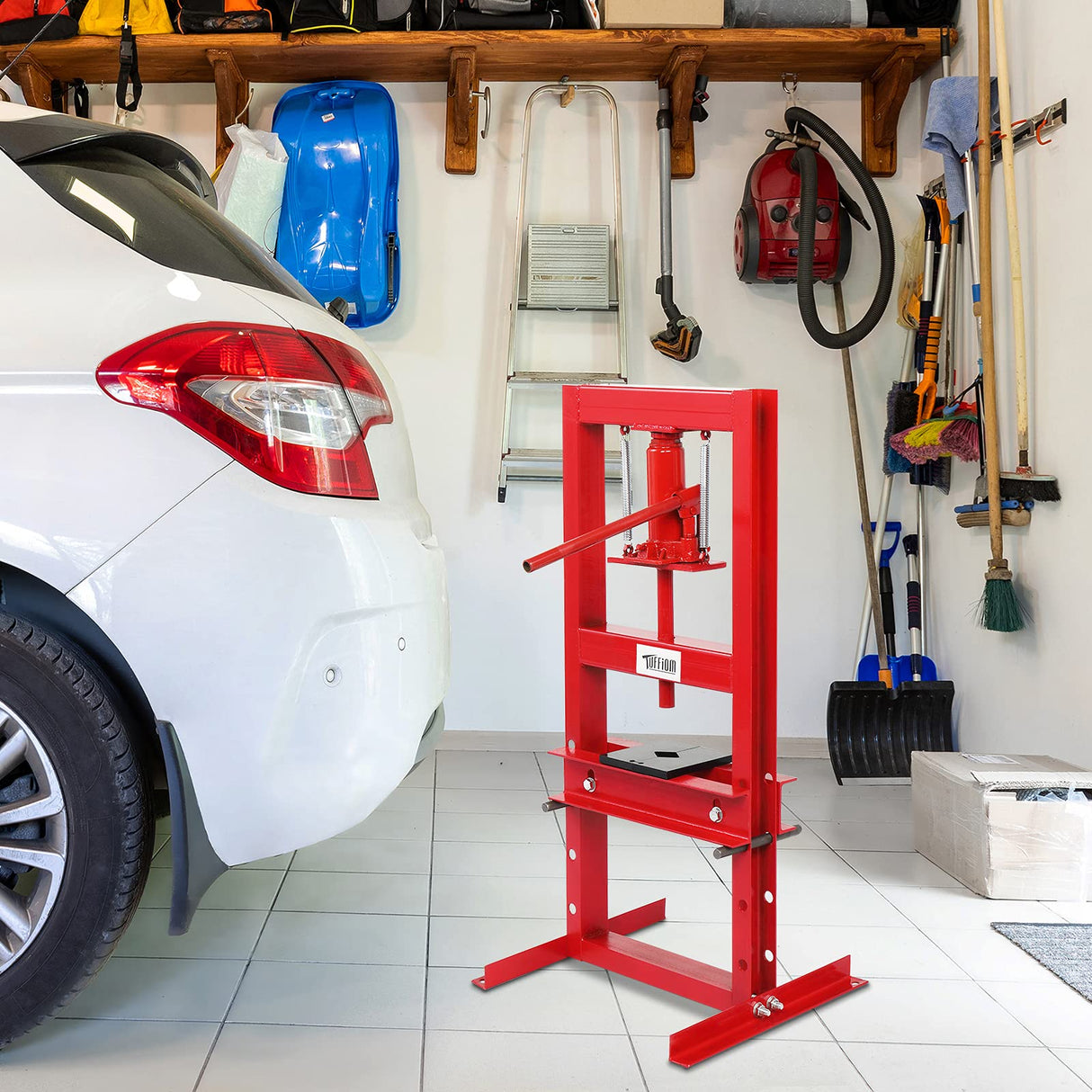 TUFFIOM 6-Ton Hydraulic Shop Press with Press Plates, H-Frame Garage Benchtop Press, Adjustable Working Table Height, 18.9”L x 15.75”W x 36.8”H TUFFIOM