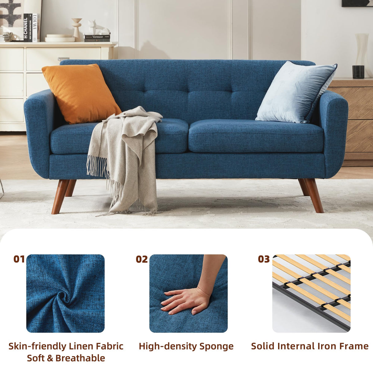 Tbfit 65" W Loveseat Sofa, Mid Century Modern Decor Love Seat Sofas and Couches for Living Room, Button Tufted Upholstered Small Couch for Bedroom, Solid and Easy to Install Love Seats Furniture, Blue Tbfit
