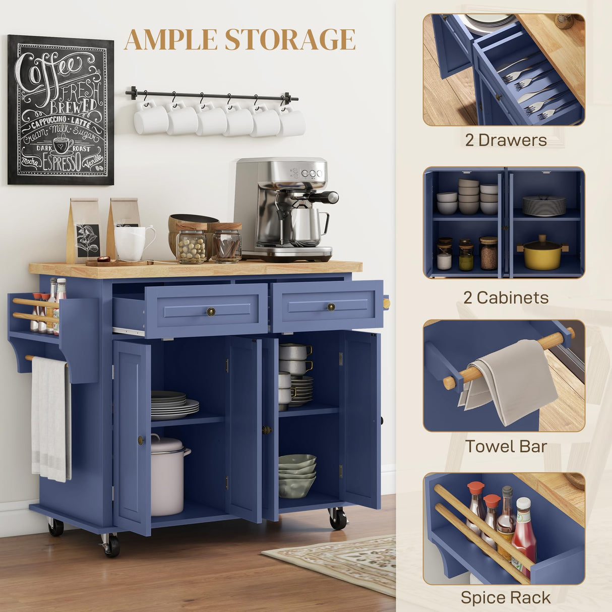 HOMCOM Kitchen Island on Wheels, Rolling Cart with Rubberwood Top, Spice Rack, Towel Rack and Drawers for Dining Room, Navy Blue HOMCOM