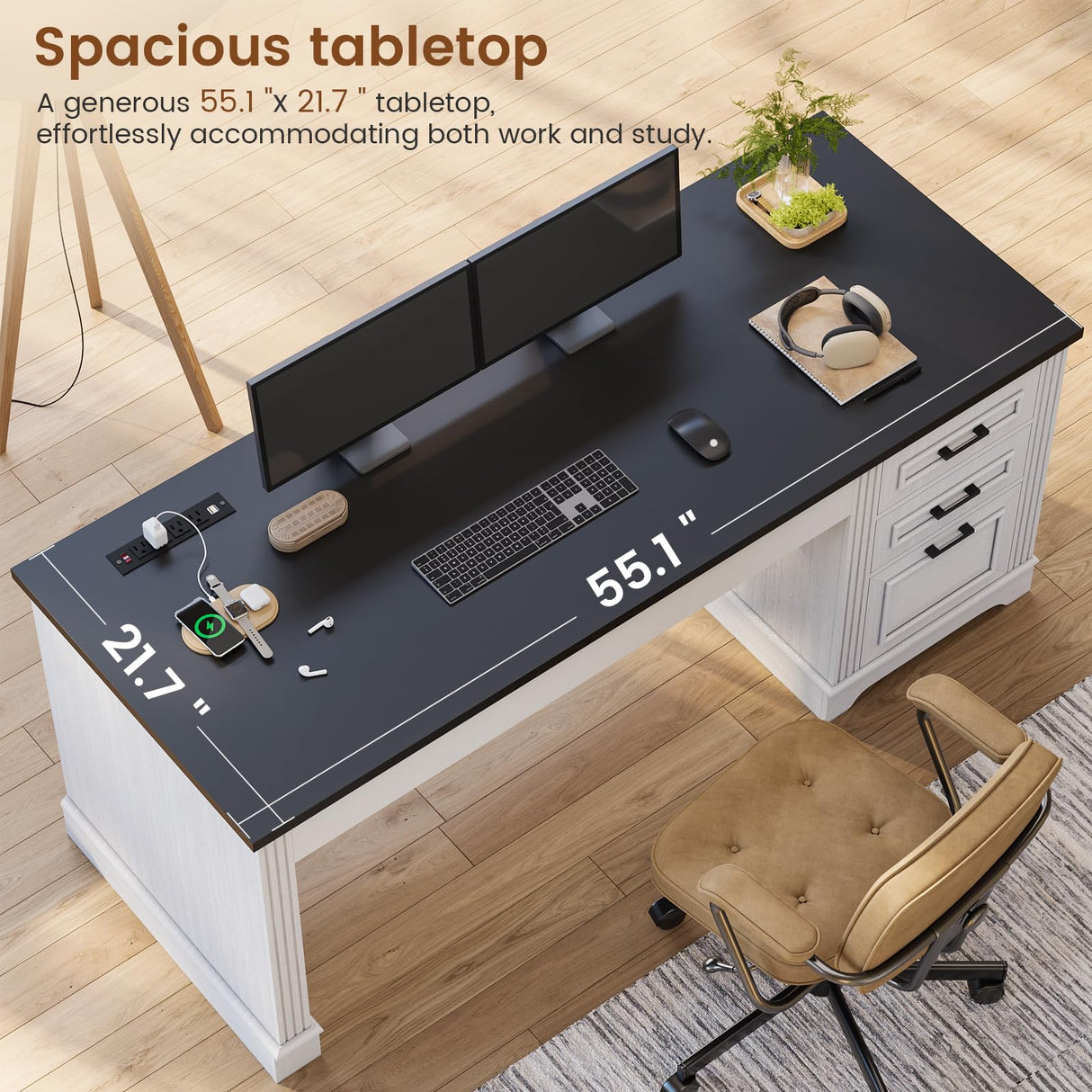 Itaar Farmhouse 55" Executive Desk, Computer Desk with Storage Drawers and Power Outlet, Home Office Desk, Workstation for Office Home, White Itaar