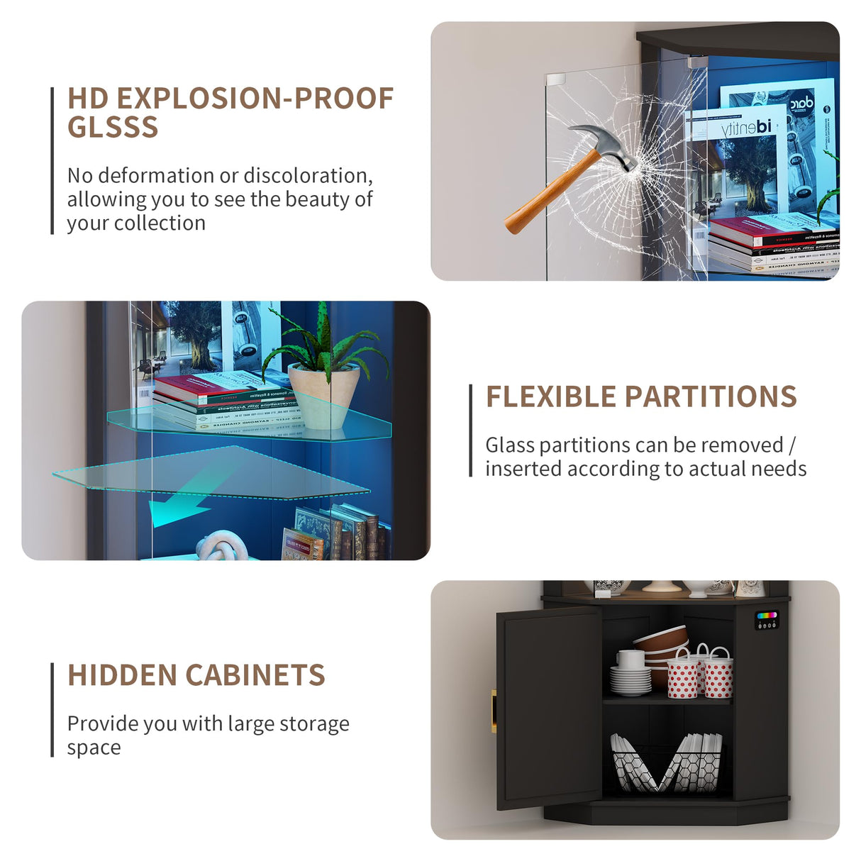 Lvifur 69" Corner Glass Display Cabinet with RGB Lights,3-Tier Movable Glass Shelves,Curio Display with Human Body Sensor,Bookcase with Storage Cabinet for Toys,Books,Collectibles,Liquor,Black Lvifur