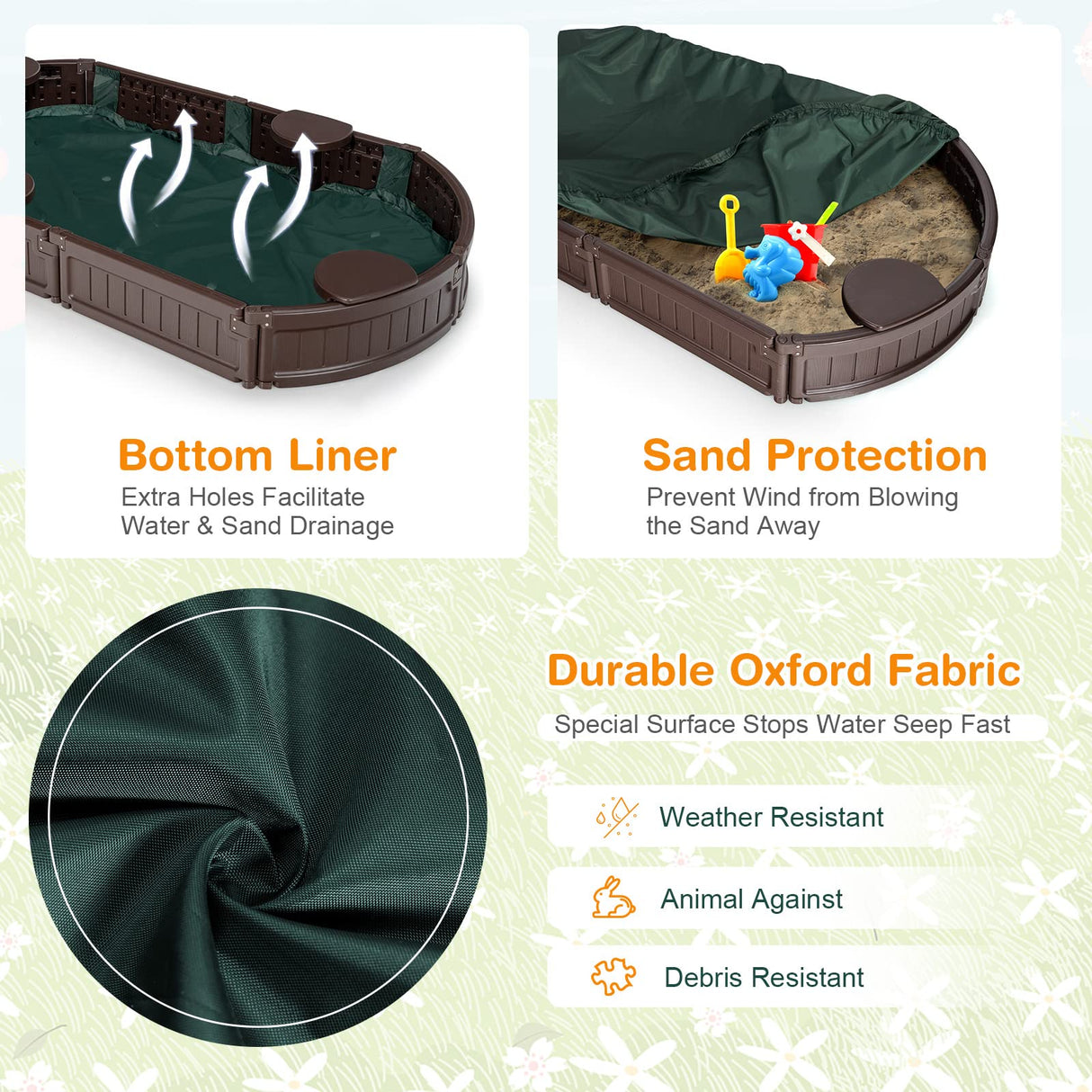 HONEY JOY Sandbox with Cover, 6FT Oval Sand Pit for Backyard, 4 Built-in Seating & Bottom Drainage Liner, All Weather Resistant Sand Boxes for Kids Outdoor with Lid HONEY JOY