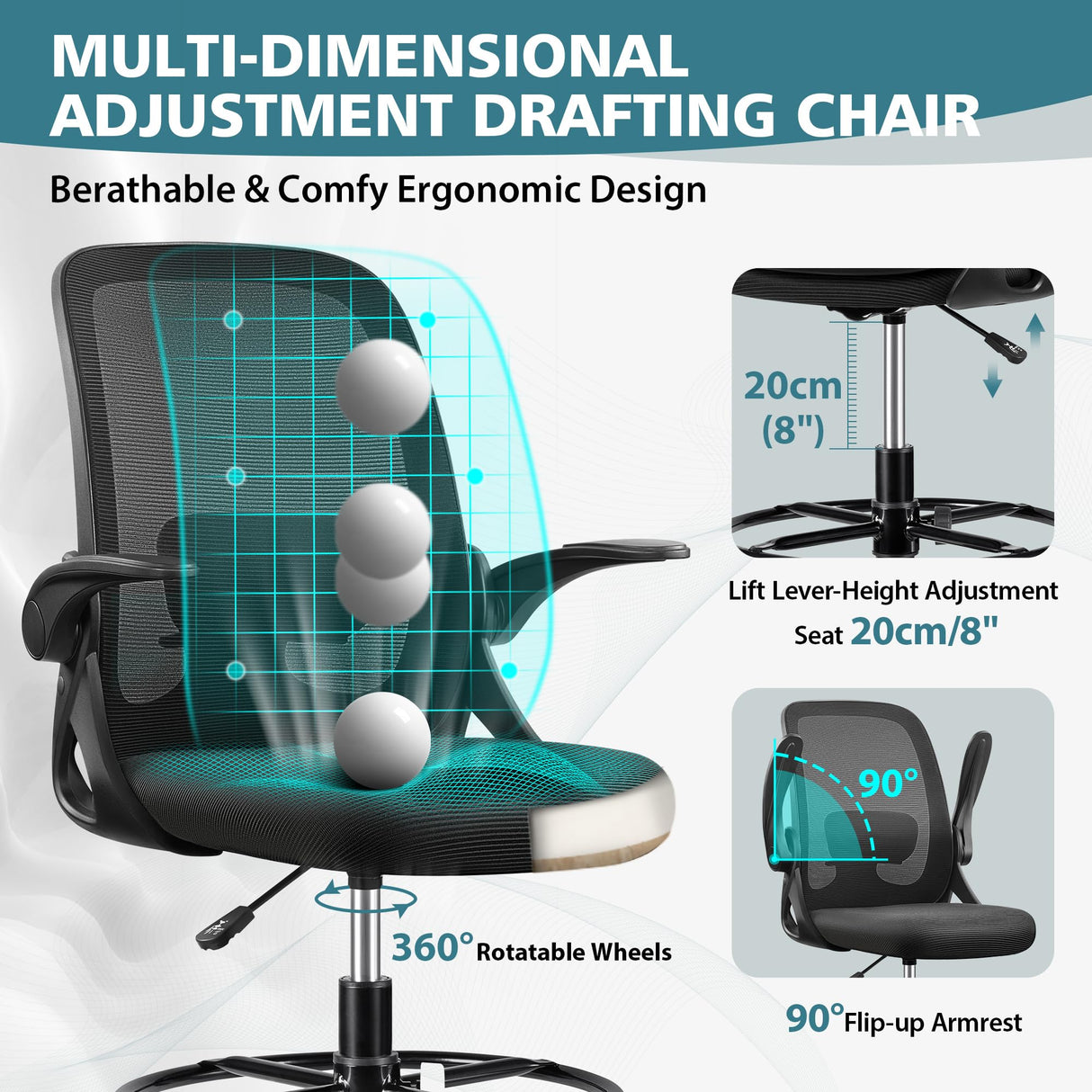 Winrise Drafting Chair Tall Office Chair Ergonomic Desk Chairs with Lumbar Support and Flip-up Armrests, Adjustable Height Comfy Computer Chair with Swivel Task and Adjustable Foot Ring(Black) Winrise
